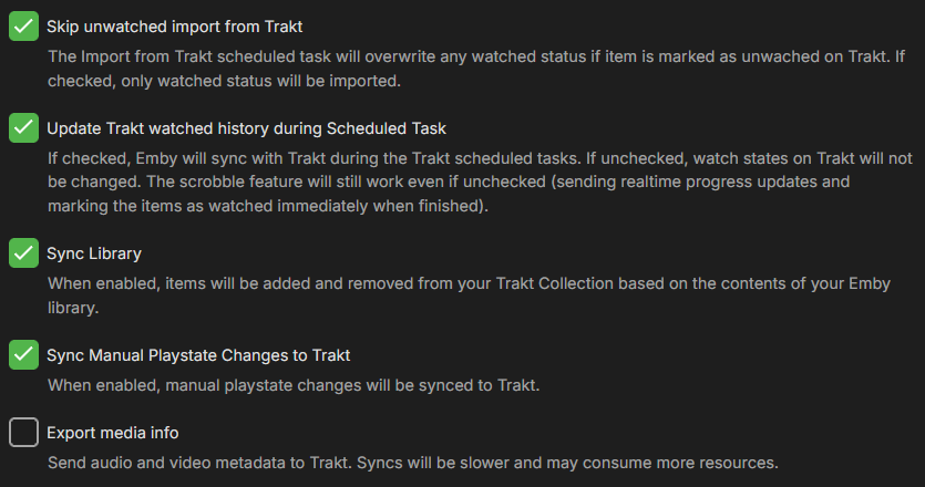 Trakt settings